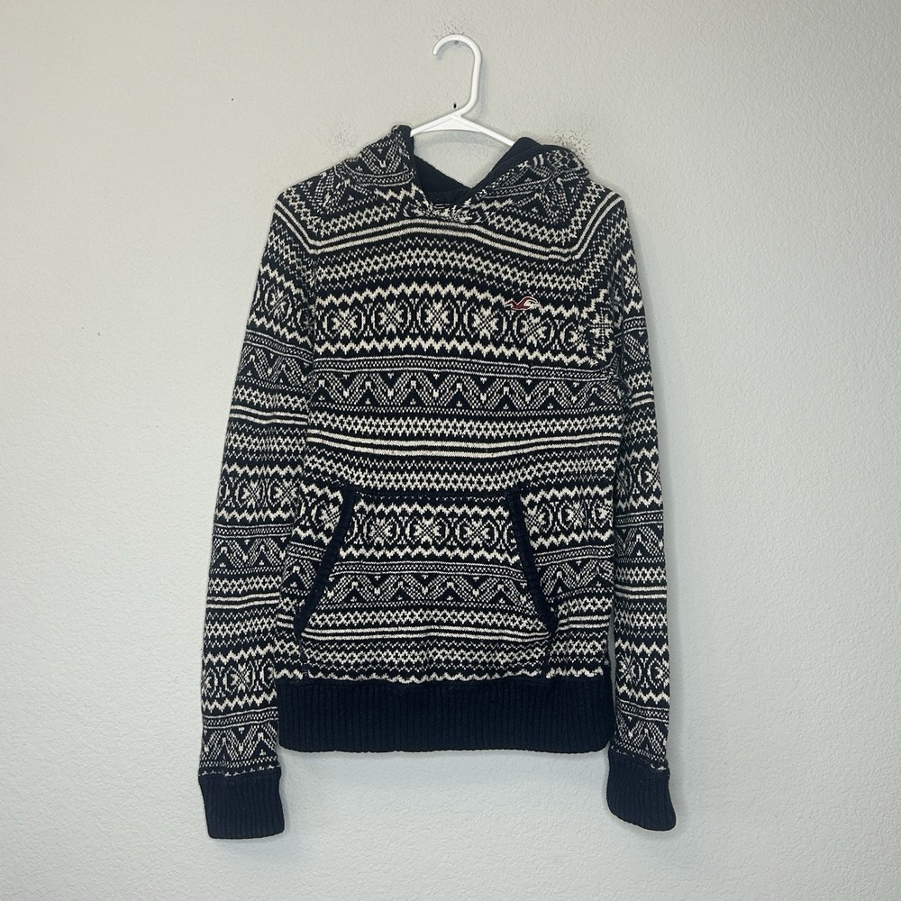 Vintage Hollister Fair Isle Knit Hoodie Sweater Blue White Men's Size XL